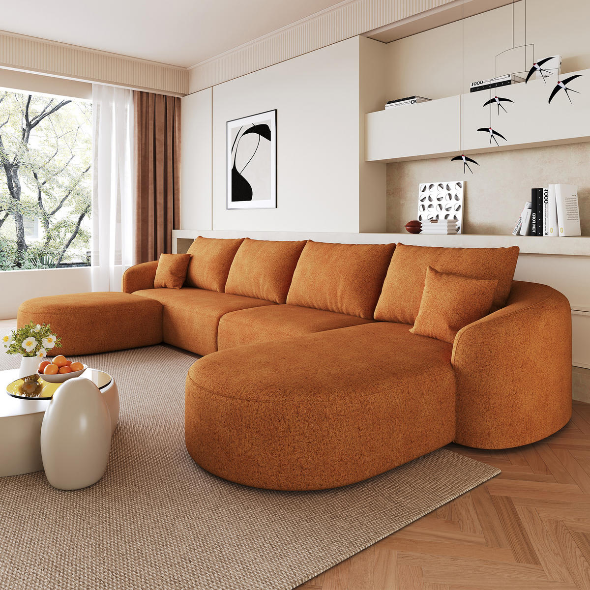 WOHNLANDSCHAFT Rechts, 3-Sitzer U-Form 336 cm ohne Montage, DE-34817, Orange - Orange, Textil (336/85/168cm) - ComfortXL