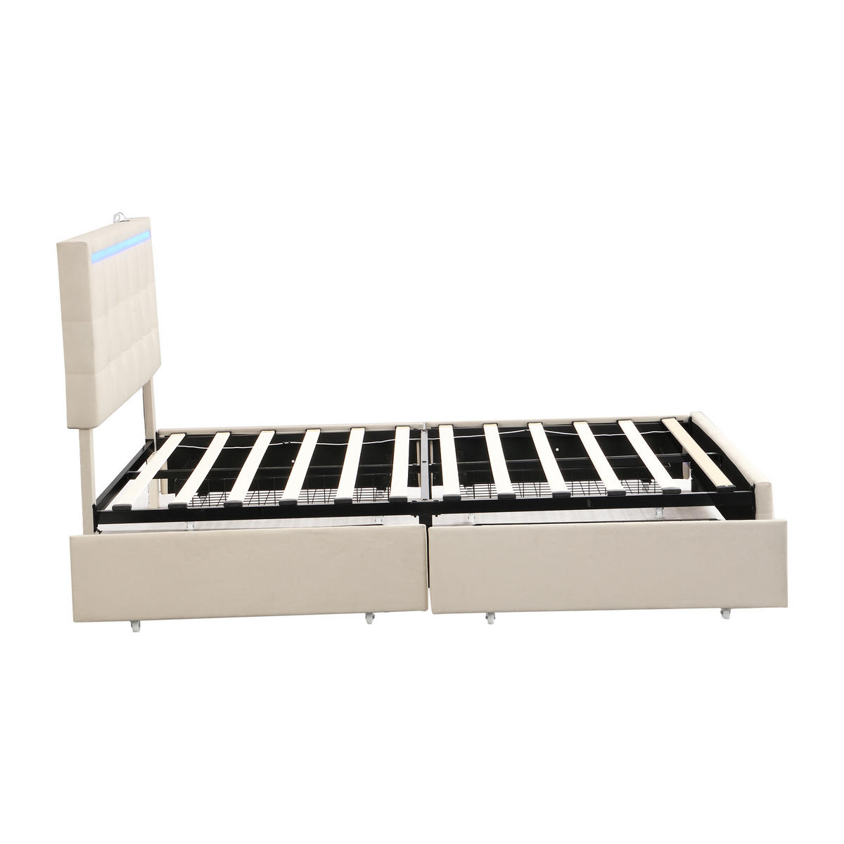 POLSTERBETT 140x200 LED 4 Schubladen 2 USB Leinen Beige - Beige, Holzwerkstoff - FLIEKS