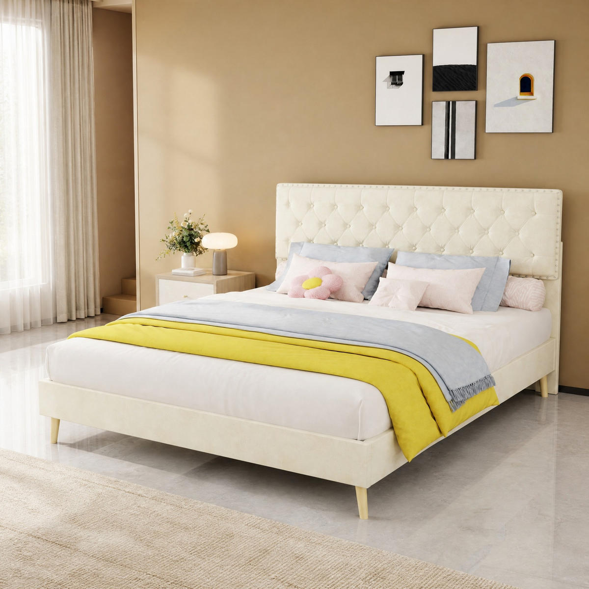 POLSTERBETT 160/200 mit Stauraum und Dutch Velvet Bezug in Beige - Beige, Holzwerkstoff/Textil (160/200cm) - EVRYAE