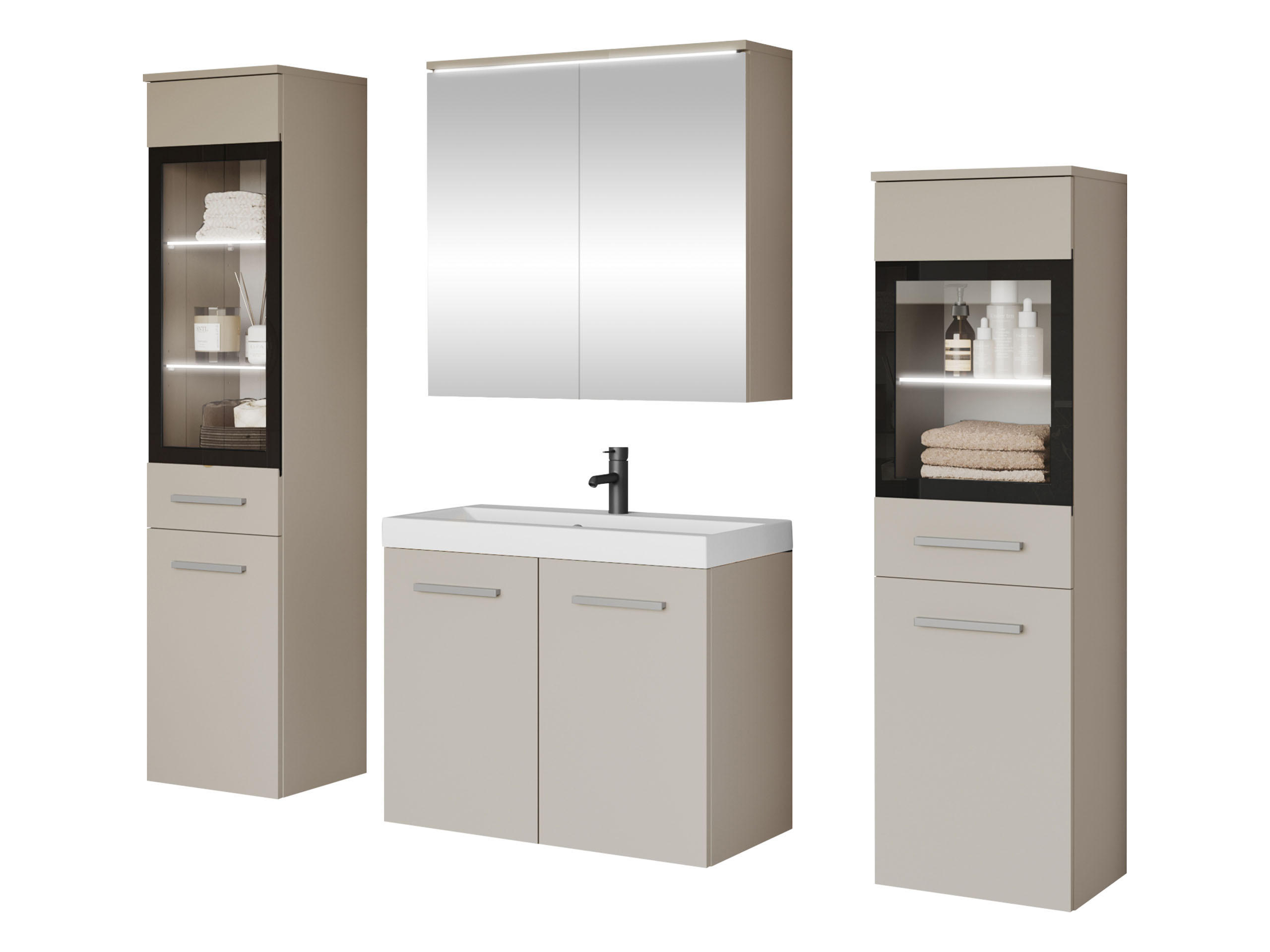 BADMÖBEL-SET Madrit II mit weißer LED Beleuchtung - Kaschmir/Silberfarben, Holzwerkstoff/Kunststoff (132/132/30cm) - MIRJAN24