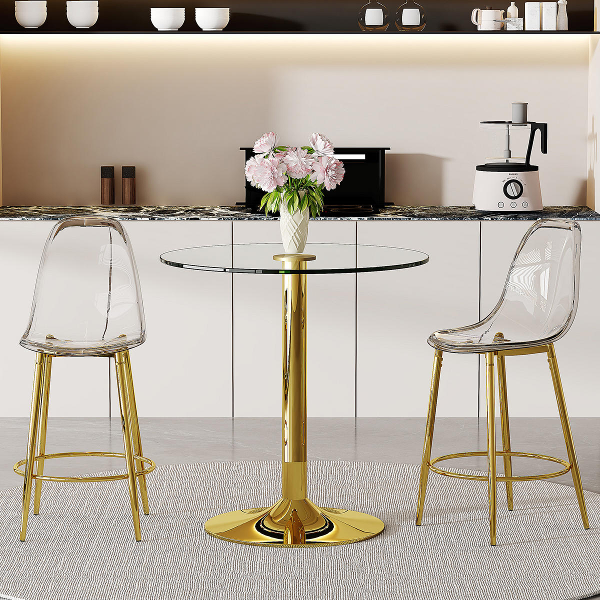 BARTISCH-SET DE-39404 3-teilig, Glastisch und 2 Hocker Gold - Goldfarben, Metall (89/92/89cm) - ComfortXL