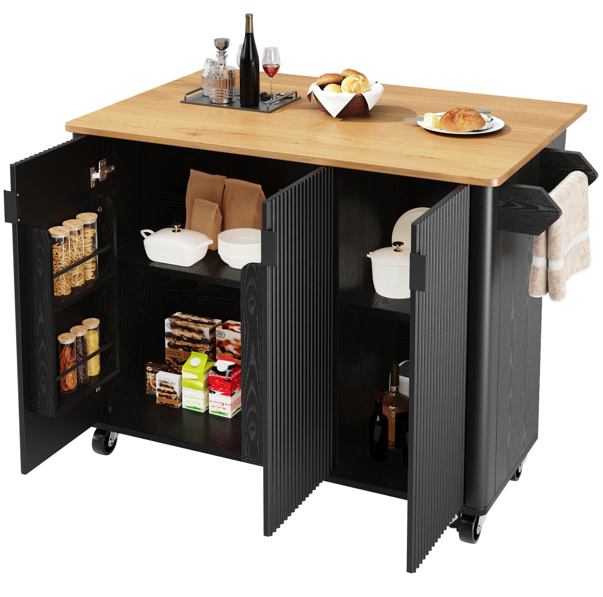 KÜCHENINSEL aus MDF mit klappbarer Tischplatte & Rollen, 130/45(75)/92 cm, Schwarz - Schwarz, Holzwerkstoff (130/92/45cm) - Redom