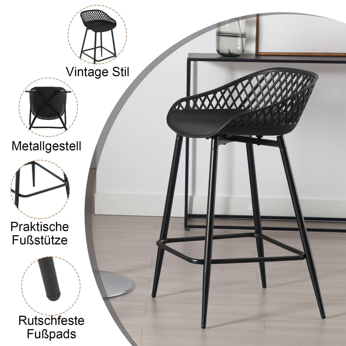 BARHOCKER 4er Set aus PP-Kunststoff, Schwarz - Schwarz, Kunststoff/Metall (44/84.5/47cm) - Woltu