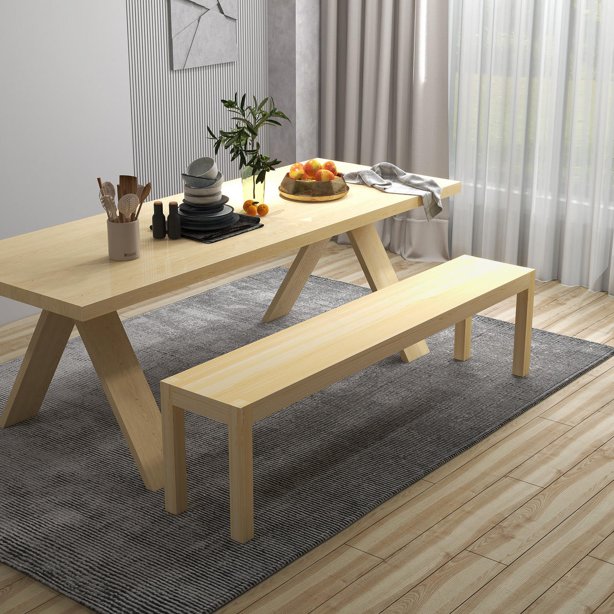 175CM Sitzbank 3-Sitzer Holzbank Essbank im Landhaus-Stil, Küchenbank für Küche - Naturfarben, Holz (33/45/175cm) - HOMCOM