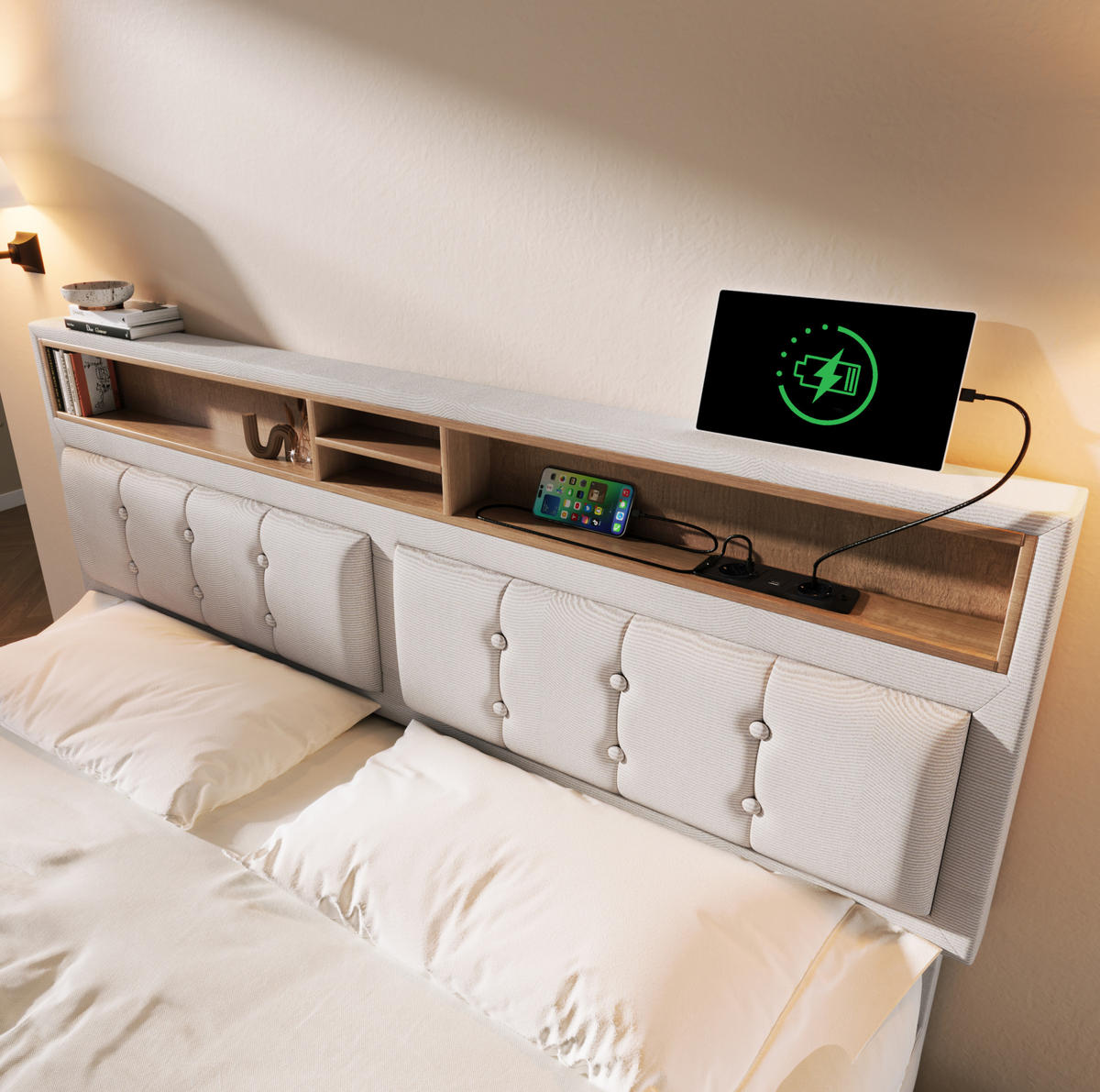 ČALOUNĚNÁ postel 140/200 cm béžová z lnu s matrací úložnými zásuvkami a USB/Typ-C - béžová, textil (140/200cm) - OKWISH