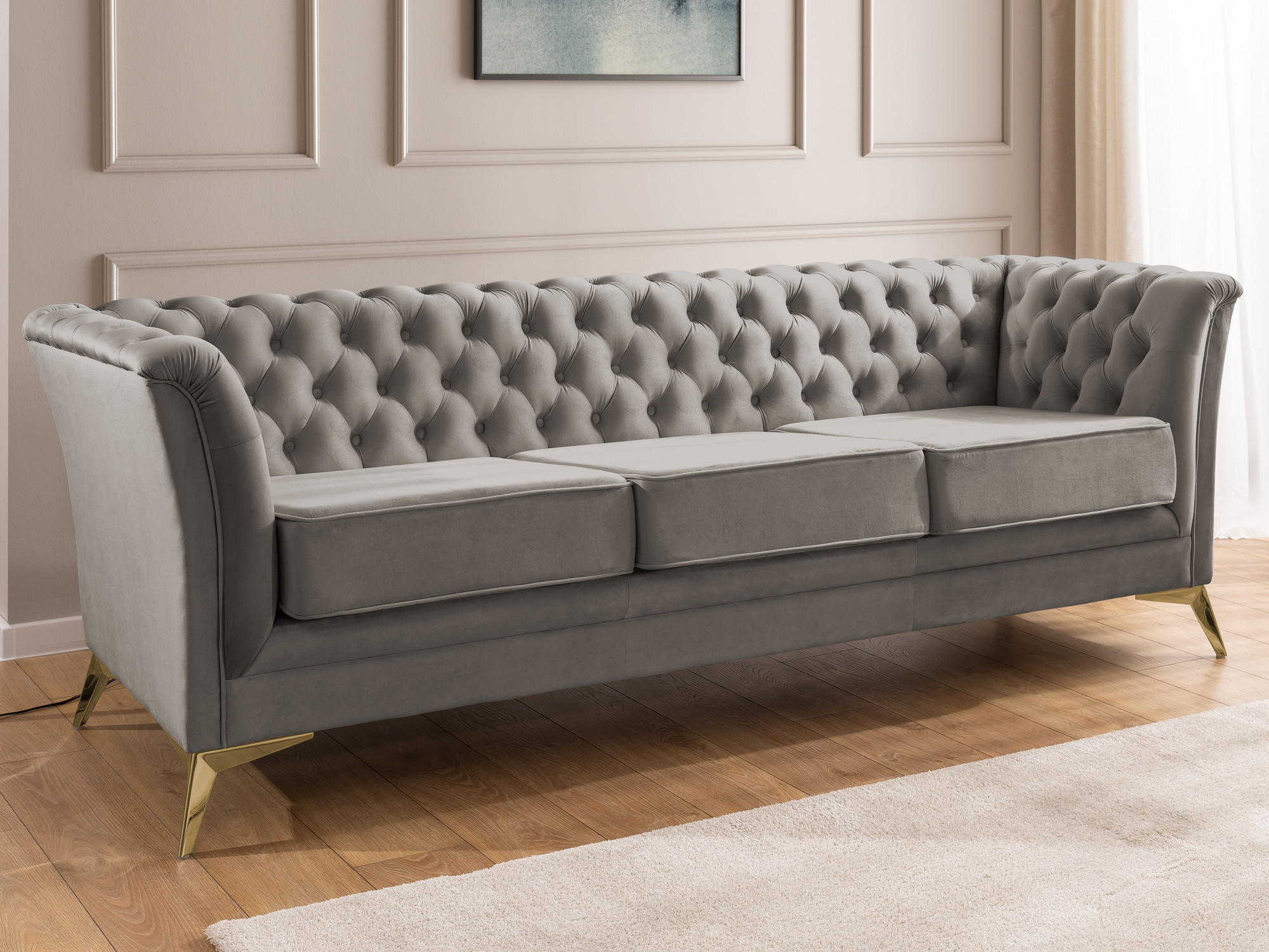CHESTERFIELD-SOFA 3-sitzer Whitby Grau Samt mit goldenen Füßen - Goldfarben/Grau, Holz/Textil (237/78/82cm) - S-Style Möbel
