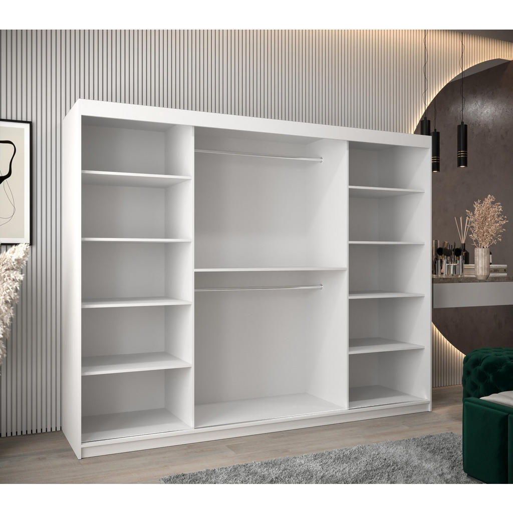 Thumbnail - Möbel Kryspol Schwebetürenschrank, Weiß, Sonoma Eiche, Silber, Kunststoff, Nachbildung, 9 Fächer, 250x200x62 cm, Schlafz...