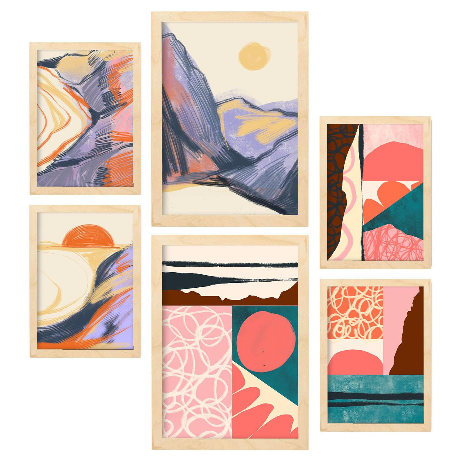 POSTER Set Mit 6 Eindeutige Natur A3 & A4 Rahmen Aus Hellem Holz - Beige, Papier (29/3cm) - Nacnic