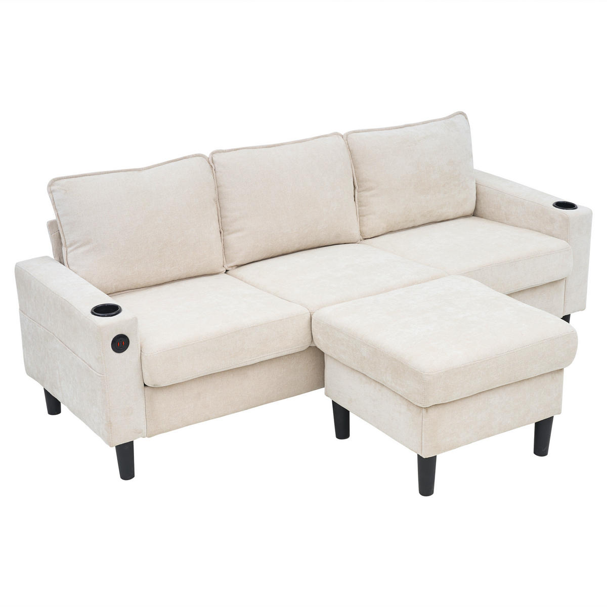 ECKSOFA L-Form 3-Sitzer mit zwei Getränkehaltern und USB und Typ-C-Anschlüssen Beige 202/137/80 cm - Beige, Textil (202/137cm) - OKWISH