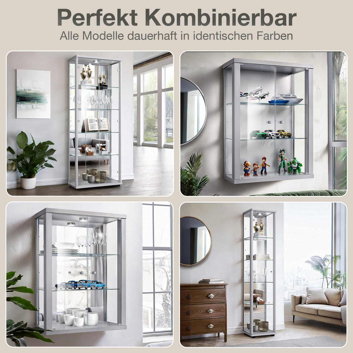 ECKVITRINE 56,5/56,5/176 cm mit LED - Transparent/Silberfarben, Glas/Holzwerkstoff (56.5/176/56.5cm) - K-Möbel