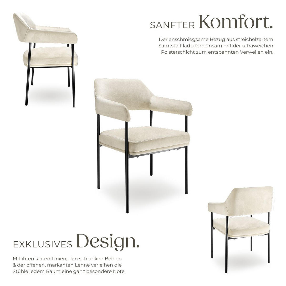 ARMLEHNSTUHL 6er Set Doé 58 x 62 x 85 cm Samtoptik off-white - Weiß/Samtahornfarben, Textil (58/85/62cm) - tectake