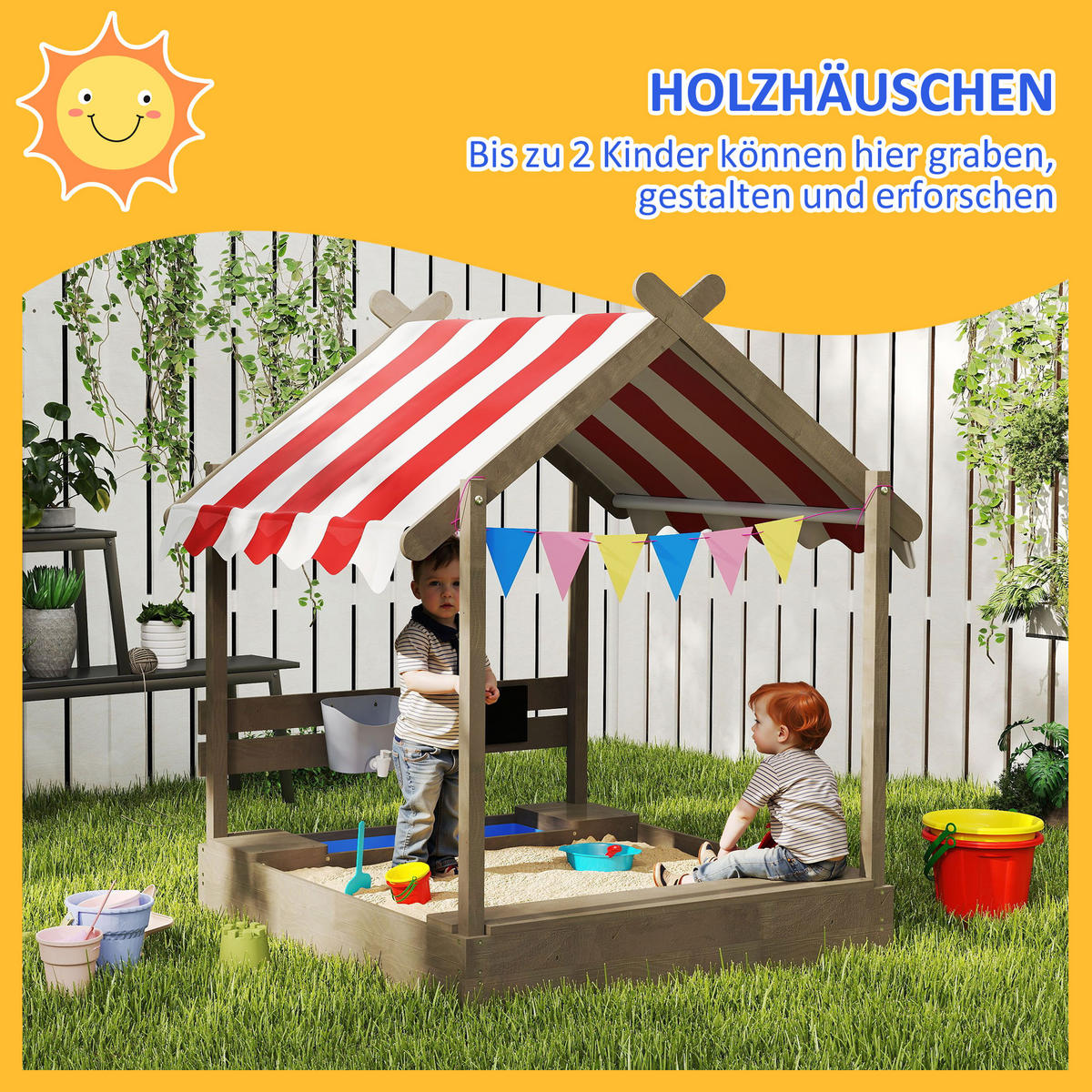 SANDKASTEN DE-10466 mit Sonnenschutz & Spielhaus-Design Grau - Grau, Holzwerkstoff (124/116/146cm) - ComfortXL