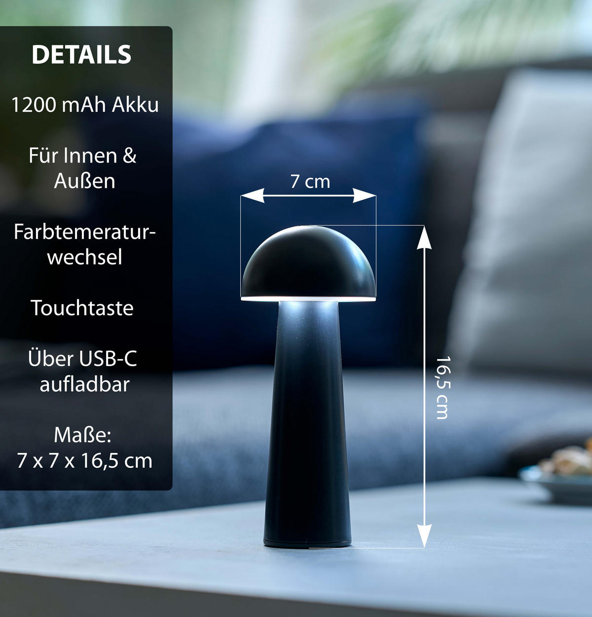 LED-TISCHLEUCHTE Pilzform dimmbar CCT Farbwechsel Ø 9 x 17 cm Pilz schwarz - Schwarz, Kunststoff (9/9/17cm) - Northpoint