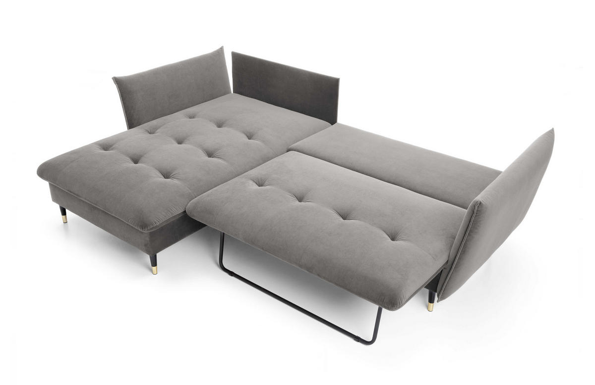 ECKSOFA GLAM mit Schlaffunktion, Ottomane & goldenen Füßen – Samtsofa im Glamour-Stil mit Zierkissen, 258x167x91cm, Linke, GRAU - Grau, Holz/Textil (167/258cm) - DomoHome