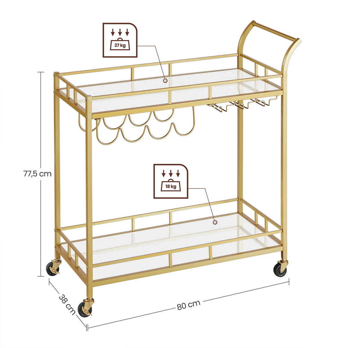 SERVIERWAGEN MIT GLASPLATTEN - Goldfarben, Metall (38/78/80cm) - Hansiro