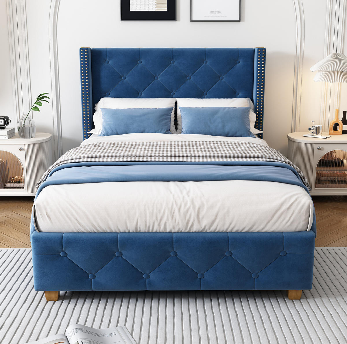 SAMT-POLSTERBETT 90/200 cm in Blau mit Lattenrost und gepolstertem Kopfteil - Blau, Textil (90/200cm) - BEAOK