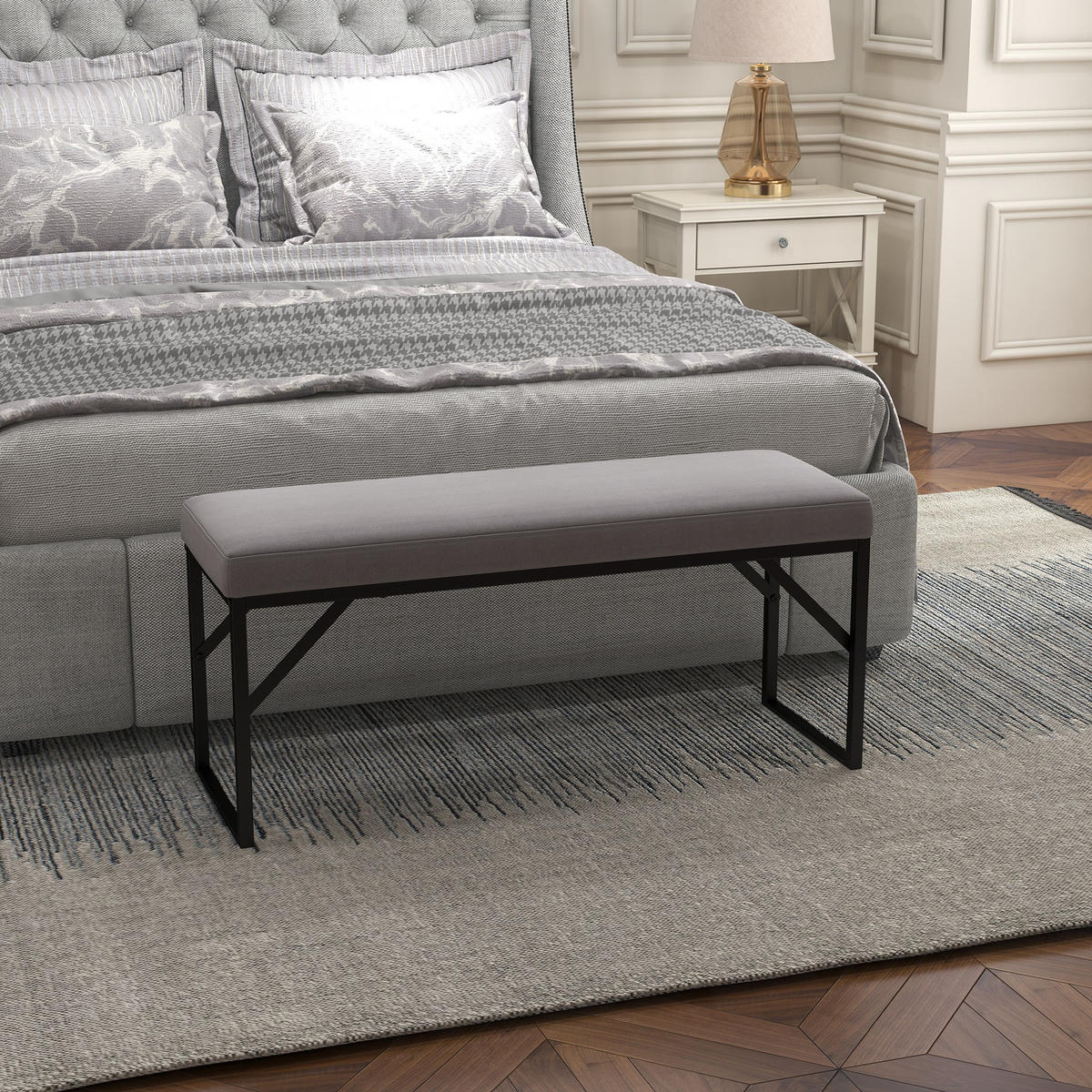 BETTBANK in Samtoptik, Schlafzimmer, bis 200 kg Belastbar, Stahl, Dunkelgrau - Dunkelgrau, Kunststoff (35/47/100cm) - HOMCOM