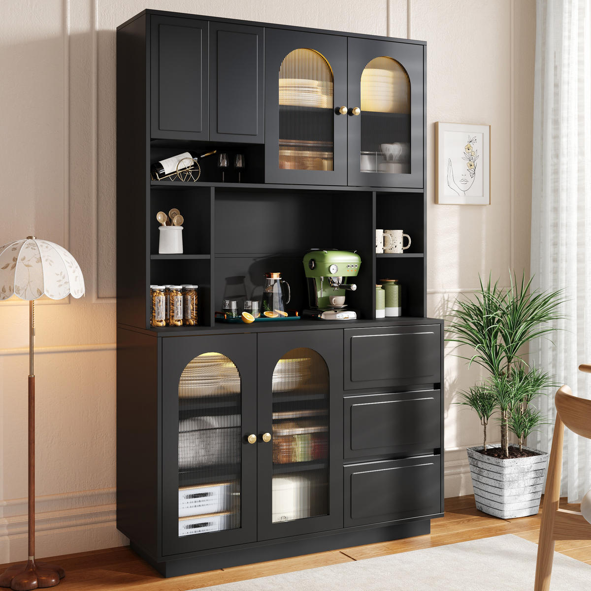BUFFET Hochschrank mit Acrylfront, LED-Beleuchtung und offenen Fächern - Schwarz, Holzwerkstoff (30/175/106cm) - Korfee