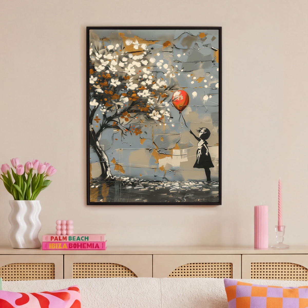 LEINWAND Bilder mit Rahmen - Baum - Graffiti - Banksy-Stil - Ballon-Mädchen - 70x100 - Blaugrau, Textil (70/100cm) - MuchoWow