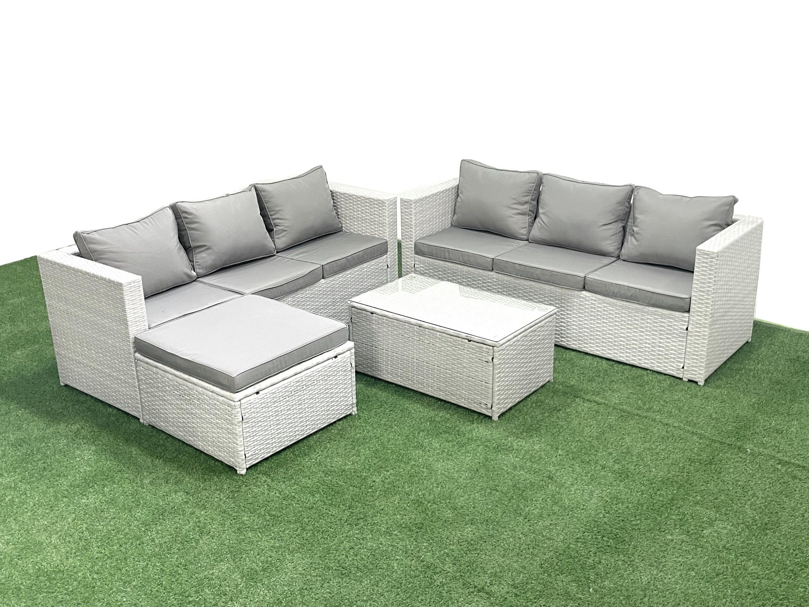 Thumbnail - Fimous Gartengarnitur, Hellgrau, Metall, Kunststoff, Glas, 7-Sitzer, Füllung: Schaumstoff, rechteckig, Loungemöbel, Gart...