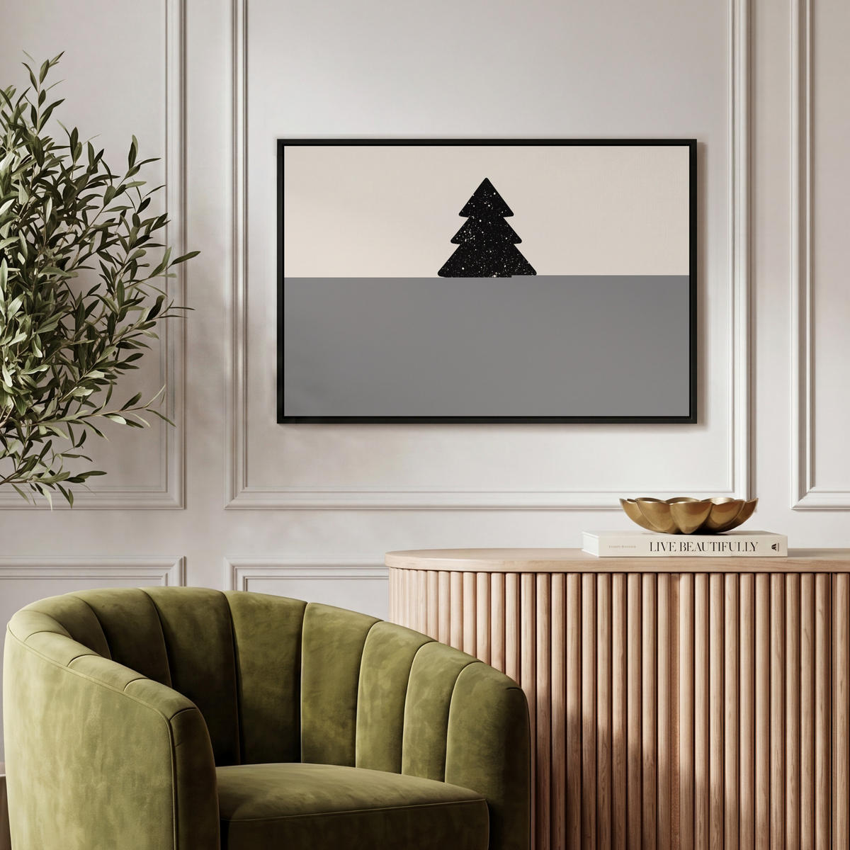 LEINWAND Bilder mit Rahmen - Weihnachtsbaum - Schwarz - Urlaub - Beige - 60x40 - Schwarz, Textil (60/40cm) - MuchoWow