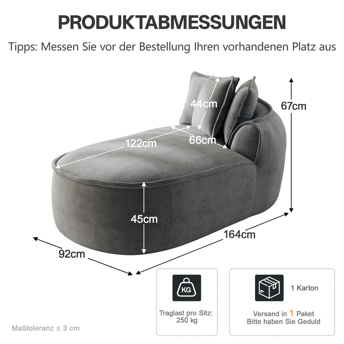 RÉCAMIERE rechte Chaiselongue mit Kissen, DE-42643, Grau - Grau, Textil (164/67/92cm) - ComfortXL