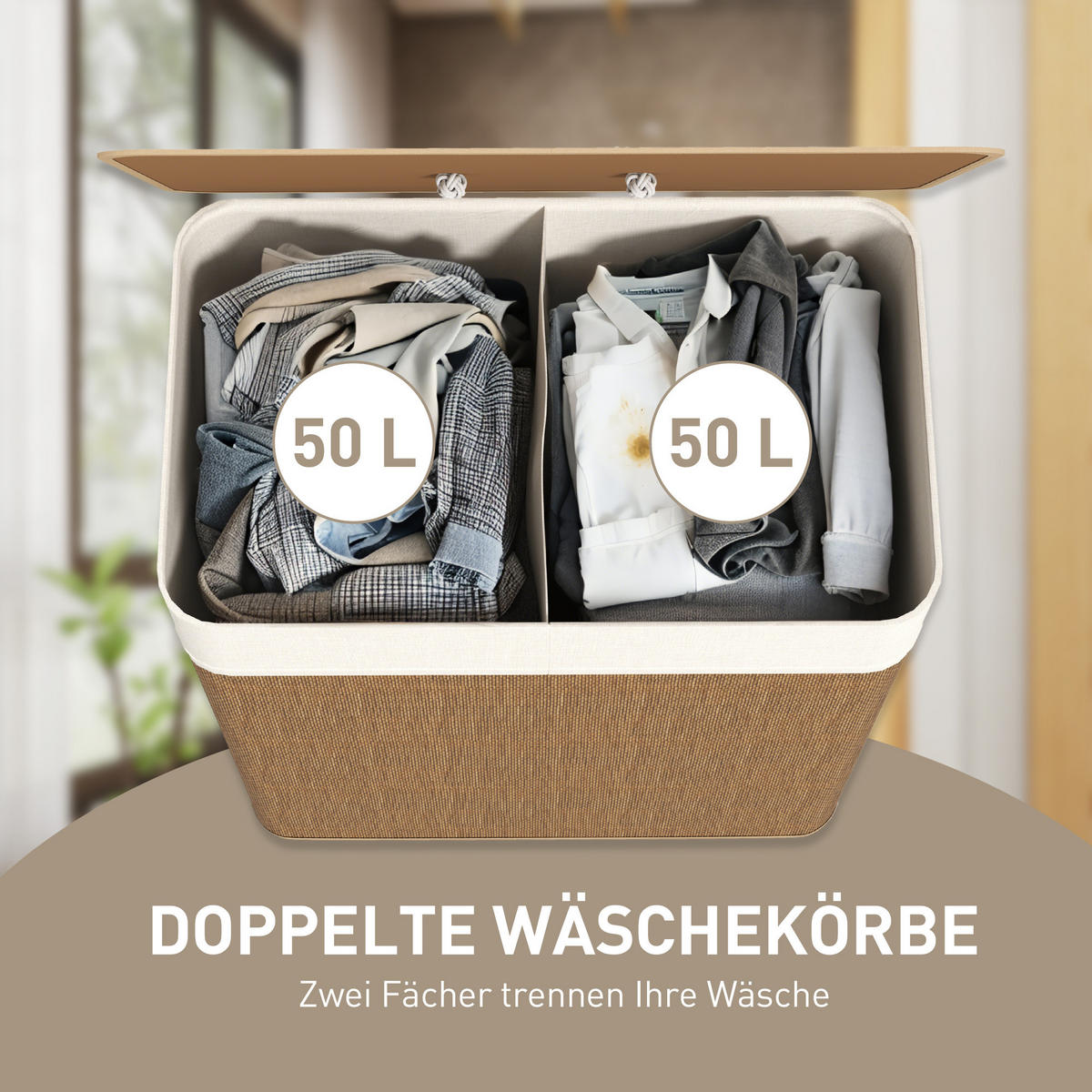 BAMBUS Wäschekorb mit Deckel 2 Fächer 100 L Braun - Braun, Naturmaterialien (52/63/32cm) - HOMCOM
