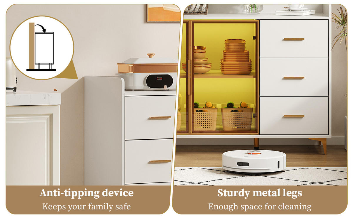 SIDEBOARD mit 6 Schubladen und Doppeltür mit Rauchglas, fernbedienbare LED, MDF, 160/44/87 cm, Weiß und Gold - Weiß, Holzwerkstoff (160/87/44cm) - Redom