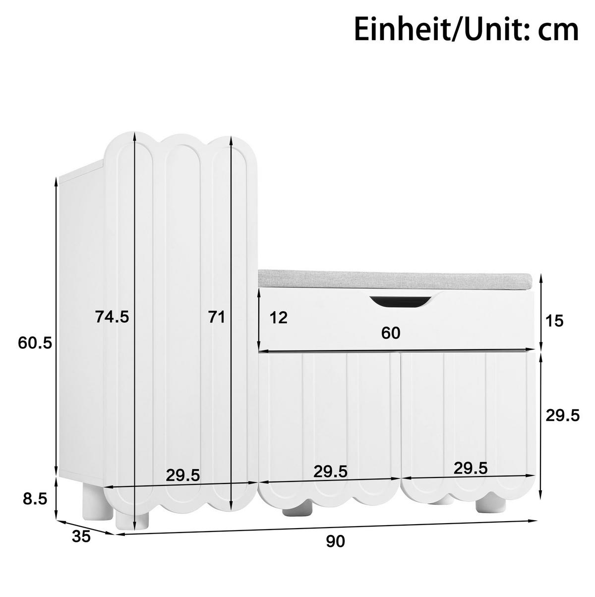 SCHUHSCHRANK mit Sitzpolster 90 x 35 x 74,5 cm MDF Weiß - Weiß, Holzwerkstoff (35/74.5/90cm) - Beauniv