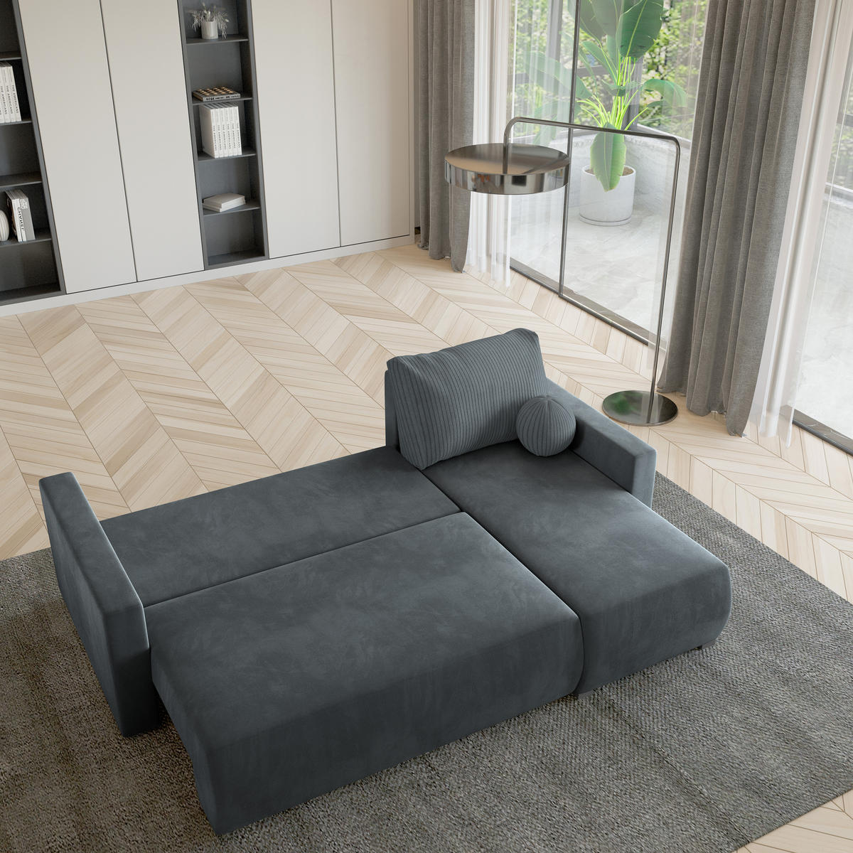 ECKSOFA SORGE Grau Plüsch-Stoff mit Schlaffunktion - Grau, Holz (220/143cm) - MASSENO