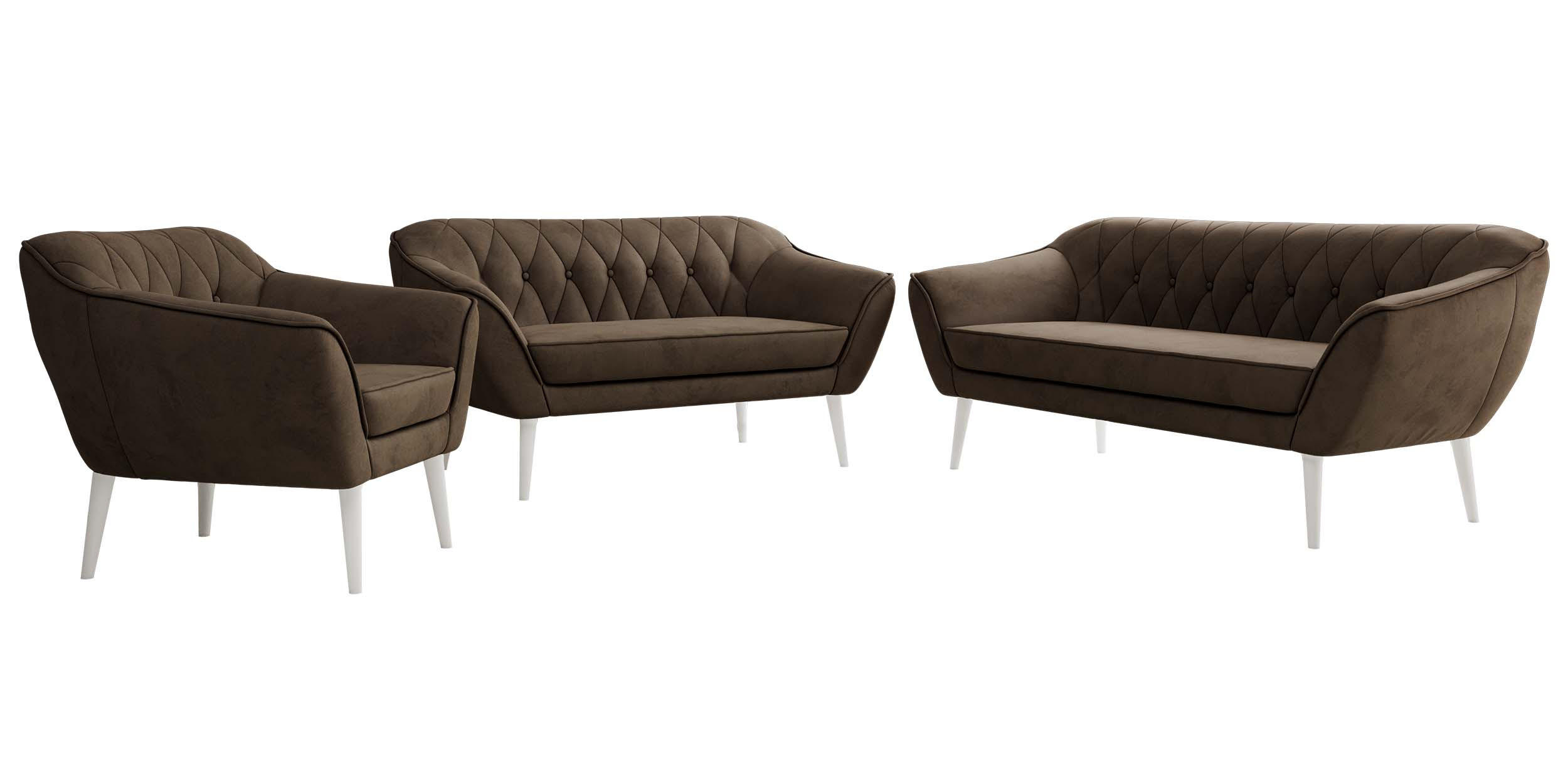 SITZGARNITUR PIRS 3+2+1 - Braun Velvet - Weiße Beine - Dunkelbraun/Braun, Holzwerkstoff/Textil (180/75/74cm) - MKS