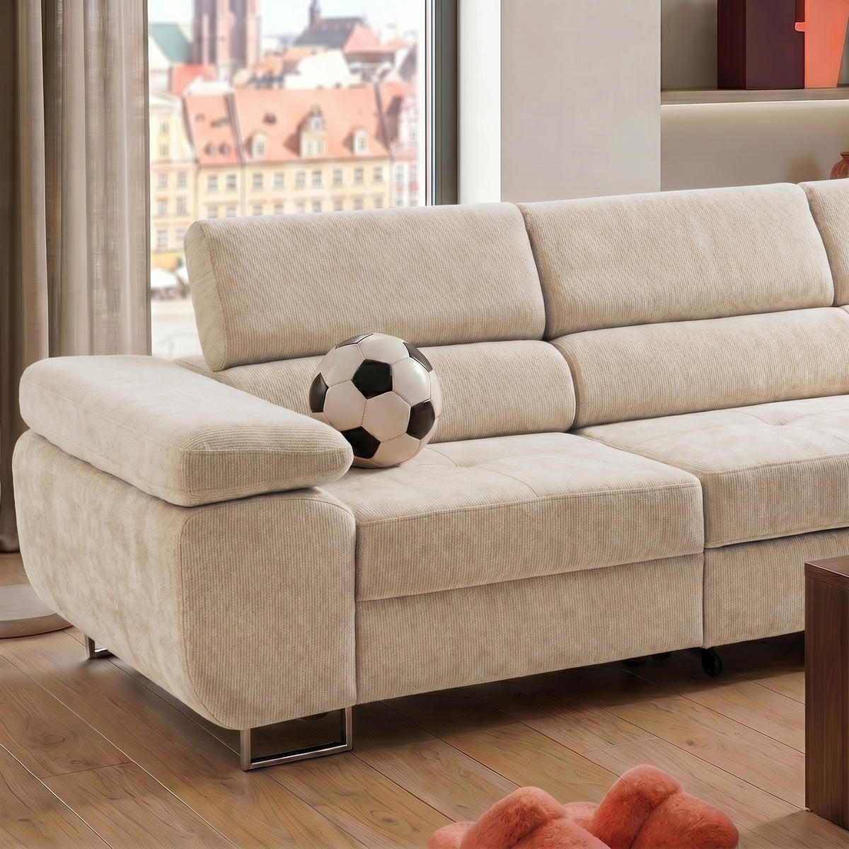 ECKSOFA WILD MAXI L Rechts mit Schlaffunktion 125x195 Chenille Beige - Chromfarben/Beige, Holz/Textil (350/203cm) - Muffo