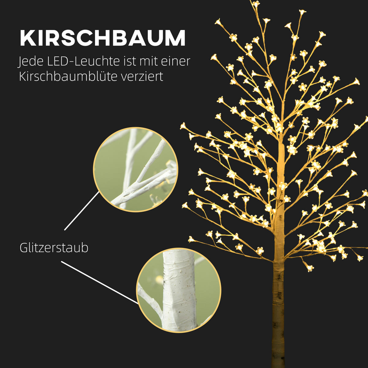 LED Baum, 180 cm Lichterbaum, Kirschbaum mit 180 LEDs, 3 Helligkeitsstufen - Weiß, Kunststoff (180cm) - HOMCOM