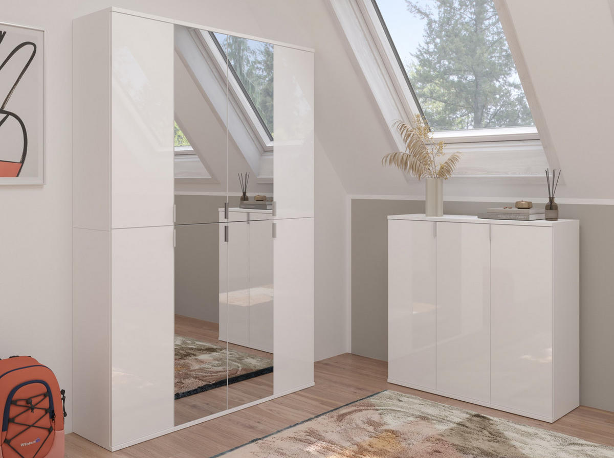 KLEIDERSCHRANK weiß Hochglanz 122 cm, Stauraumschrank mit Spiegeltüren - Weiß Hochglanz/Silberfarben, Glas/Holzwerkstoff (122/193/34cm) - Inn.Furn
