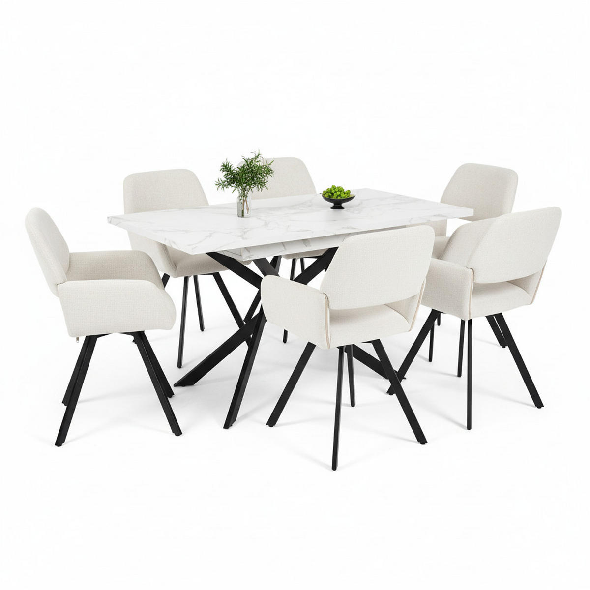 TISCHGRUPPE 7-teilig Ausziehtisch Marmoroptik Weiß & 6x 360° Drehstühle Beige - Schwarz/Weiß, Holzwerkstoff/Textil (160/77/80cm) - Urban Meuble