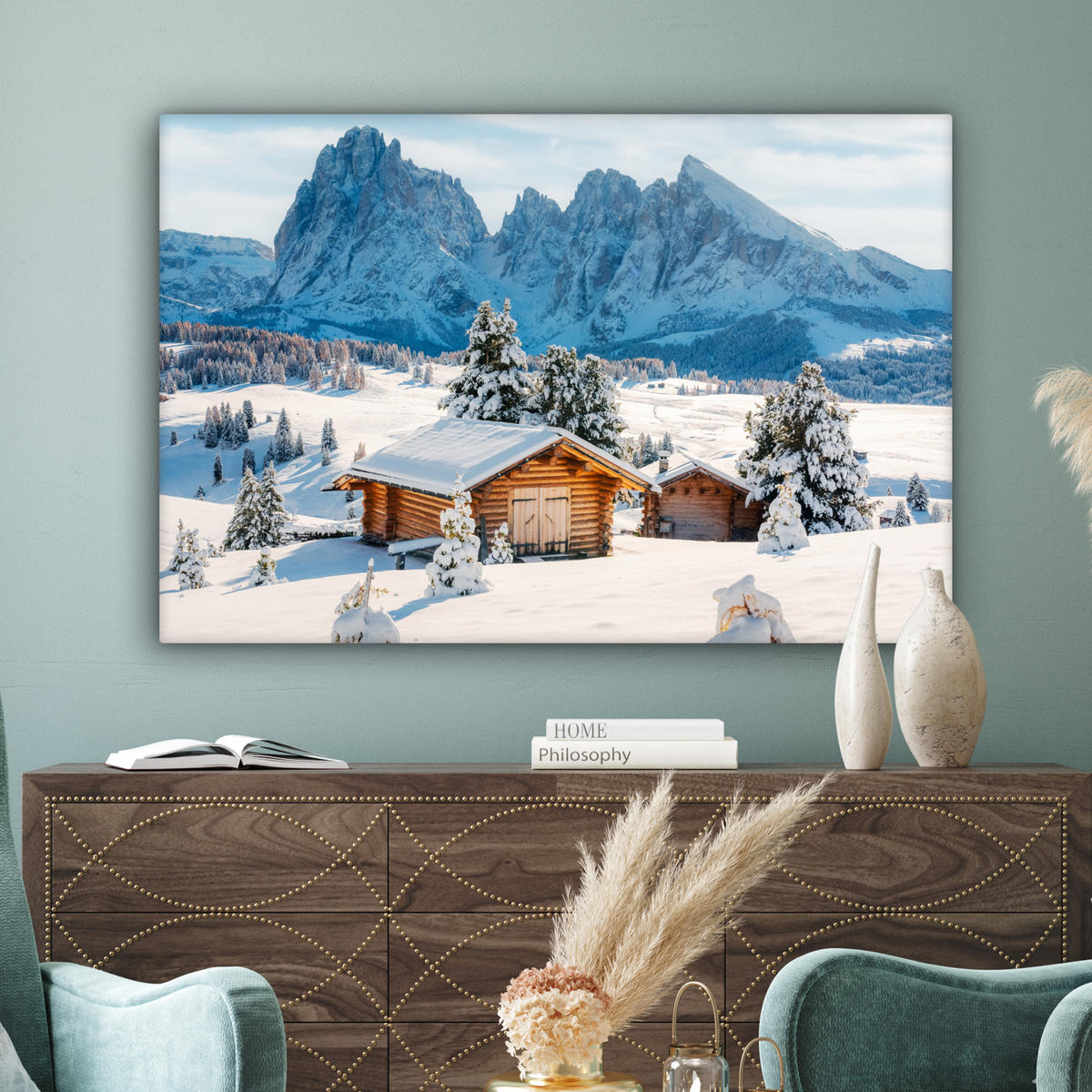 LEINWANDBILD Winter - Hütte - Berge - Aussicht - Schnee Wohnzimmer Groß 120x80 cm - Eichefarben, Textil (120/80cm) - MuchoWow