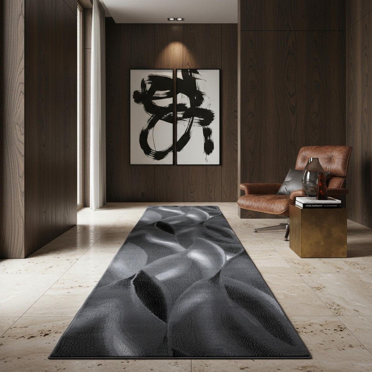 TEPPICH Kurzflor Abstrakte Wellen Polypropylen Wohnzimmer Schwarz Läufer 80x300 - Schwarz, Textil (80/300cm) - KADIMA DESIGN