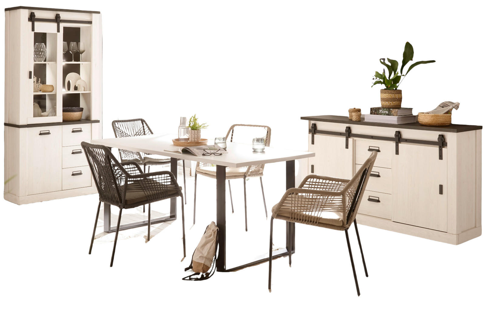 ESSZIMMER-SET weiß Pinie, anthrazit, Speisezimmer 3-teilig mit Esstisch, Vitrine, Sideboard - Anthrazit/Weiß, Holzwerkstoff/Metall (275/201/80cm) - Furn.Design