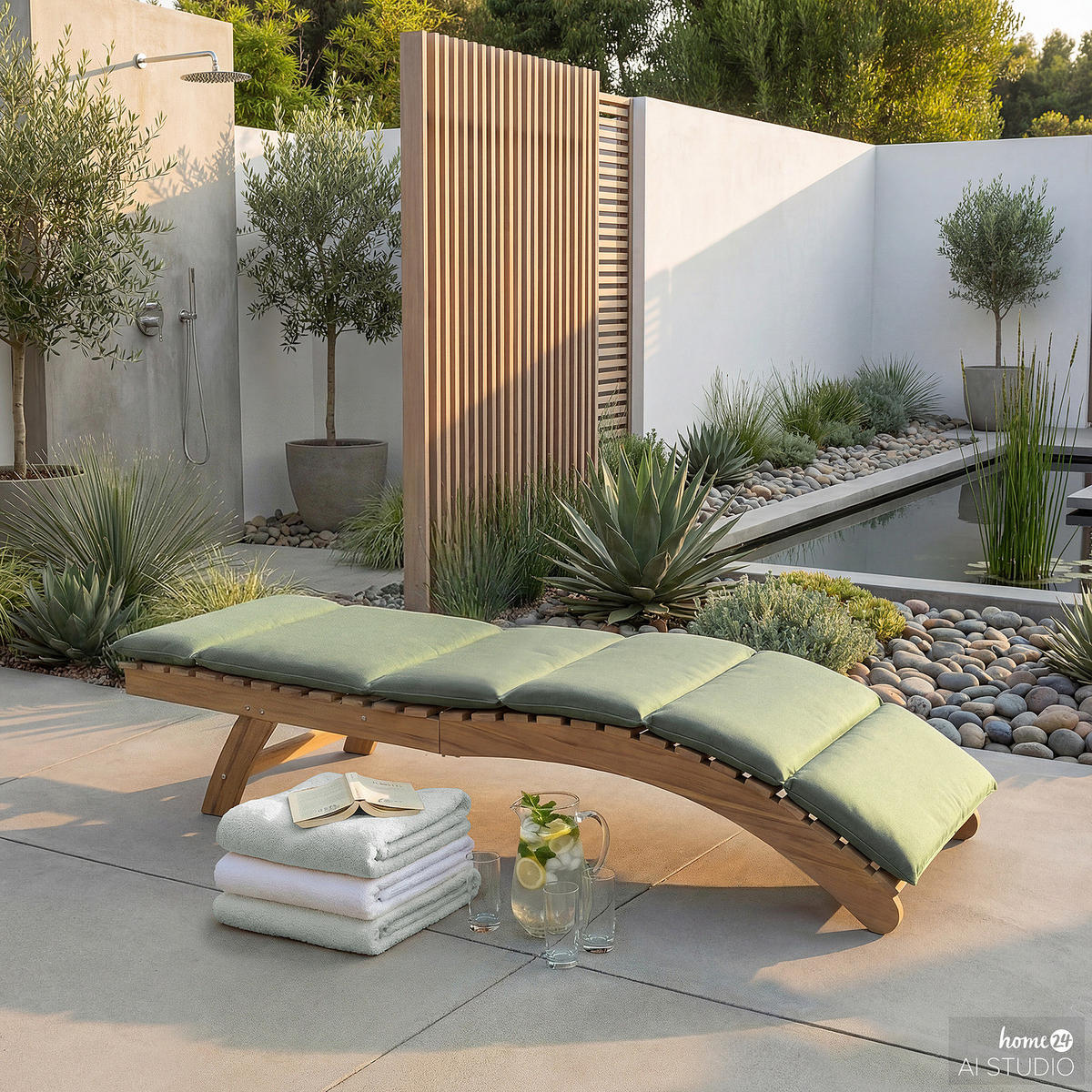GARTENLIEGE - Akazie massiv / Webstoff - Braun / Salbei - Salbeigrün, Holz/Textil (54/79/175cm) - home24