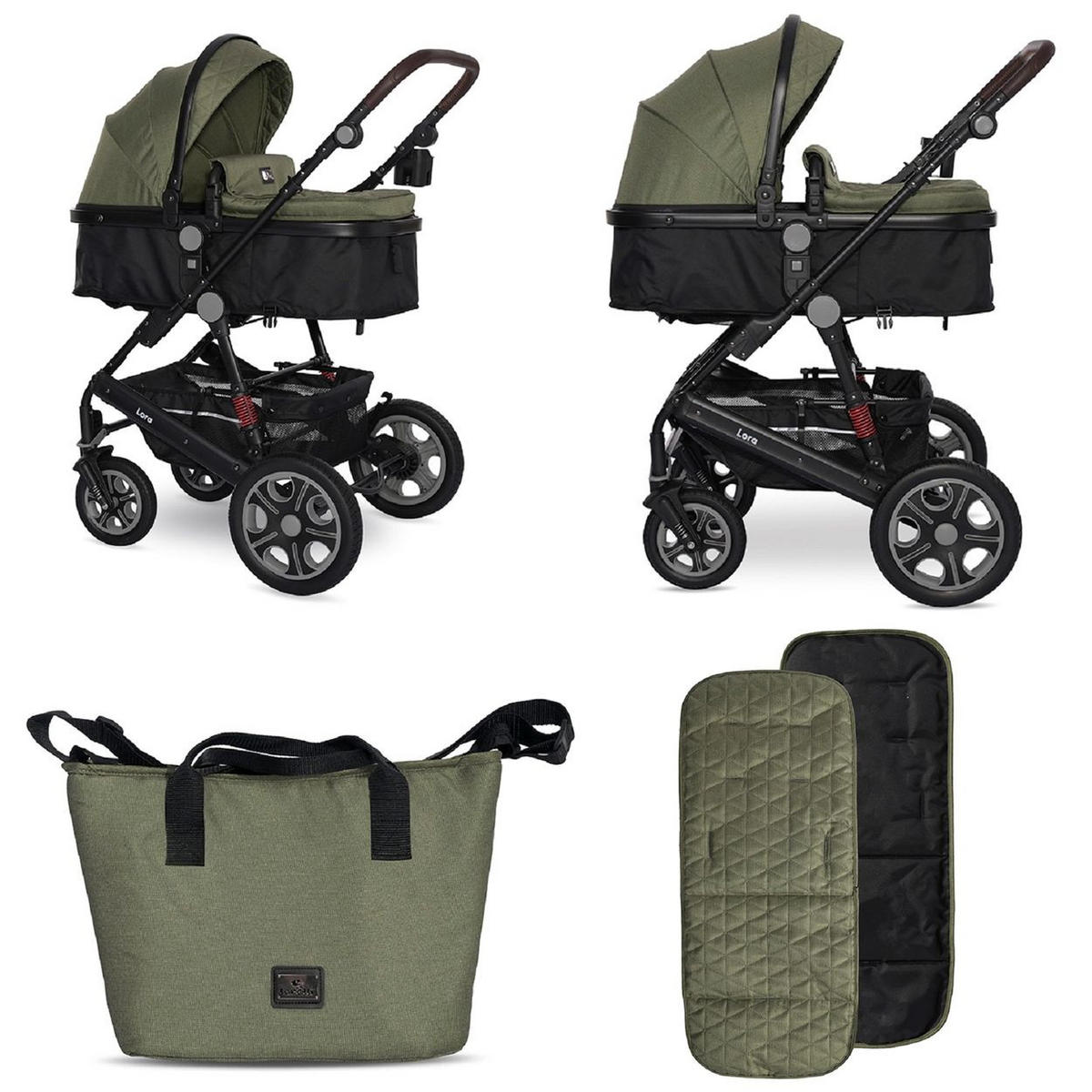 KINDERWAGEN Lora grün faltbar Gummiräder Tragetasche Sportsitz Fußabdeckung - Grün, Metall (85/68/112cm) - Lorelli