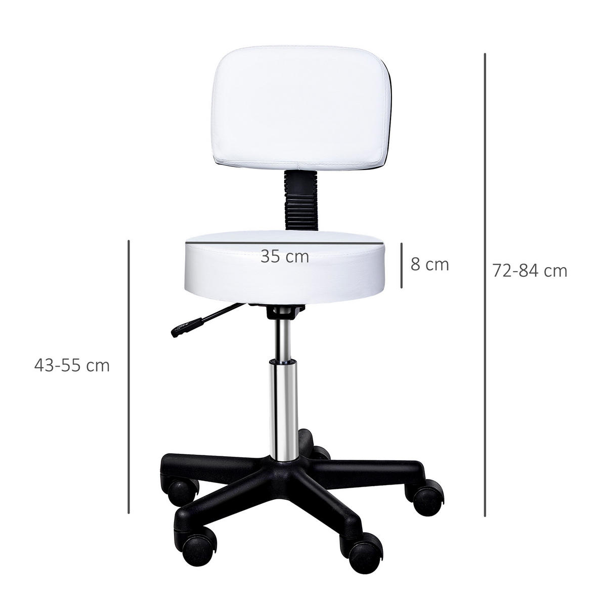 SNURRBAR STOLAR Rullpall Snurrpall Höjdjusterbar med ryggstöd Vit Φ35xH72-84cm - Vit, Metall (35/84/35cm) - SHOPENTRA
