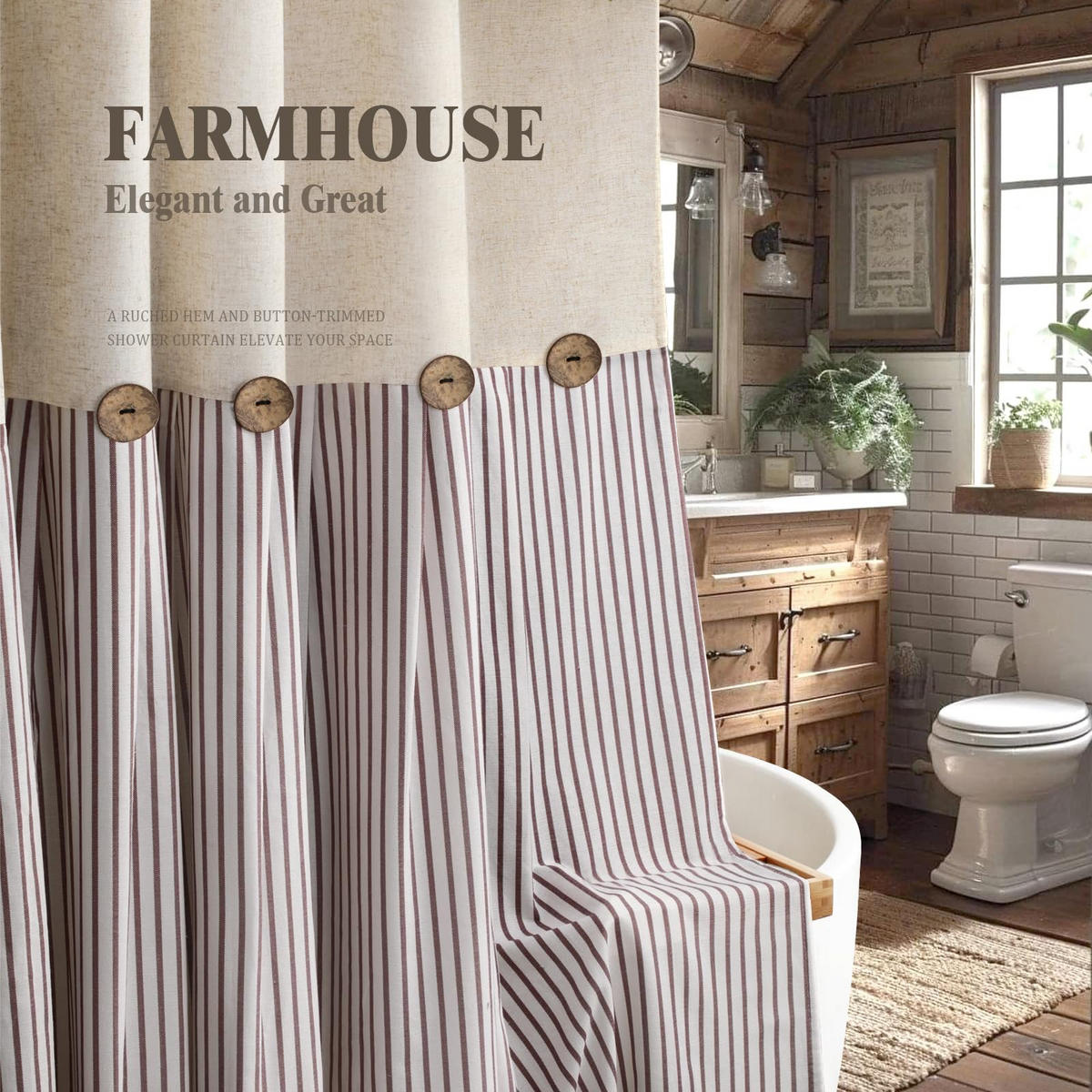 DUSCHVORHANG Braun Landhaus Stil Baumwolle Leinen Polyester - Braun, Textil (183/183cm) - MCBOSON