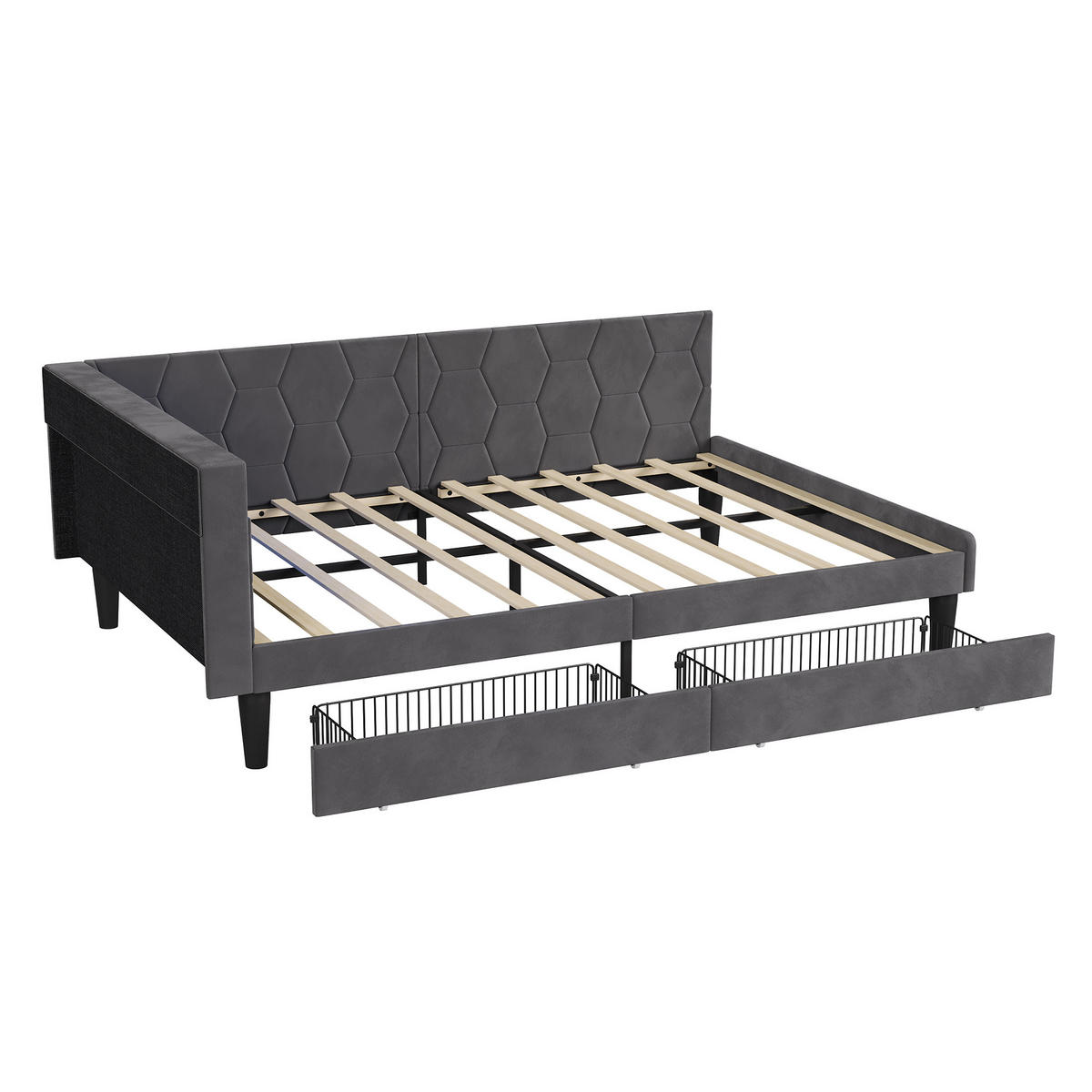 POLSTERBETT 140x200 cm Tagesbett mit 2 Schubladen, LED & USB, Doppelbett mit Kopfteil Stauraum, Grau - Grau, Metall (140/200cm) - EuroLiving