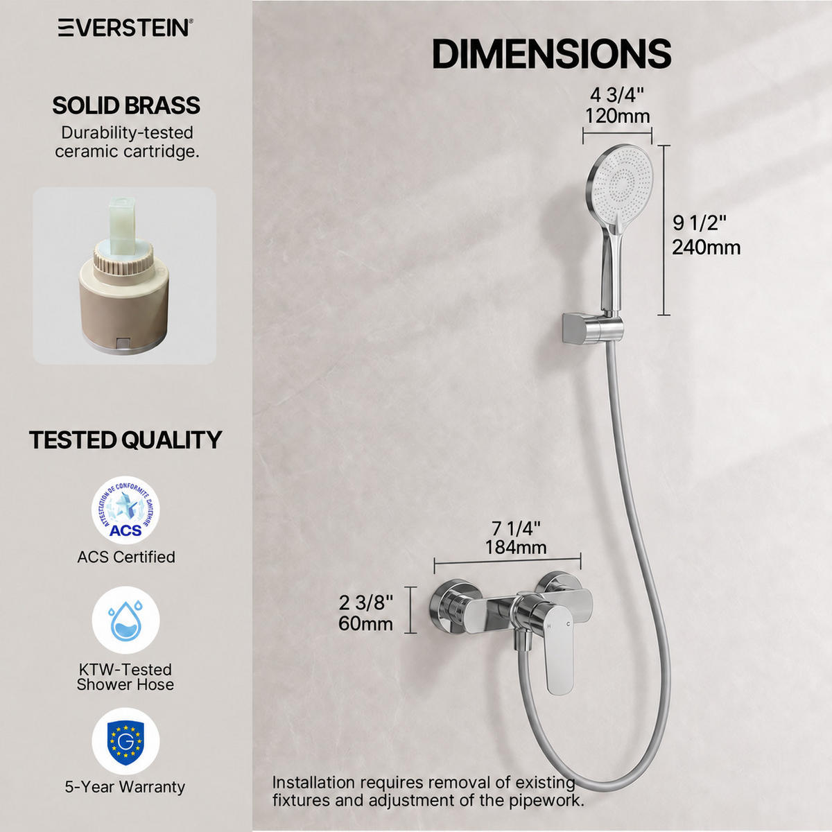 DUSCHARMATUR SFS-1277 Chrom, Aufputz, Einhebel aus Messing, 120-mm-3-Strahl-Handbrause, 150-mm-Anschlussabstand - Chromfarben, Metall (18.4/24/6cm) - Everstein