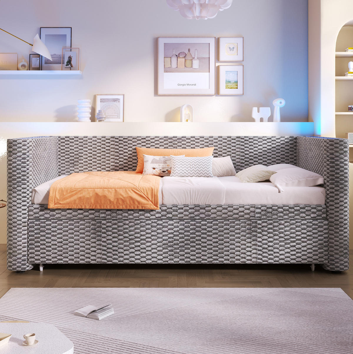 BETT 90/200 cm ausziehbar auf 180/200 cm in Grau – inkl. Lattenrost - Grau, Textil (90/200cm) - BEAOK
