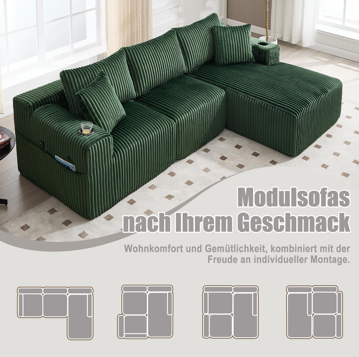 ECKSOFA 257/90-160/62 cm smaragdgrün aus Cord mit Cupholdern - Smaragdgrün, Textil (160/257cm) - OKWISH