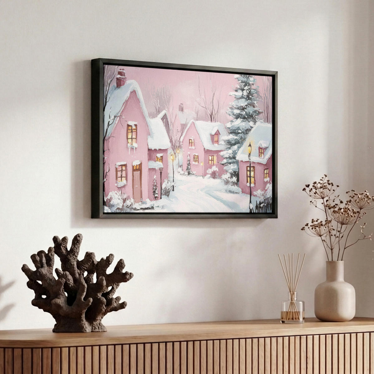 LEINWAND Bilder mit Rahmen - Weihnachtsdorf - Rosa - Winter - Schnee - Häuser - 30x20 - Altrosa, Textil (30/20cm) - MuchoWow