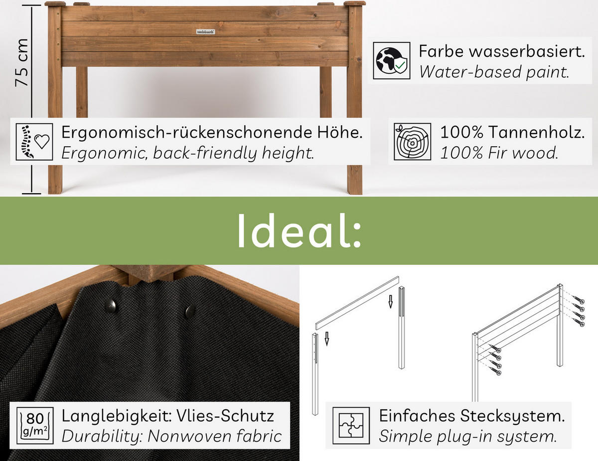 HOCHBEET aus Holz für Garten & Balkon, rechteckig mit Vlies-Folie - Braun, Holz (121/75/63cm) - needs&wants