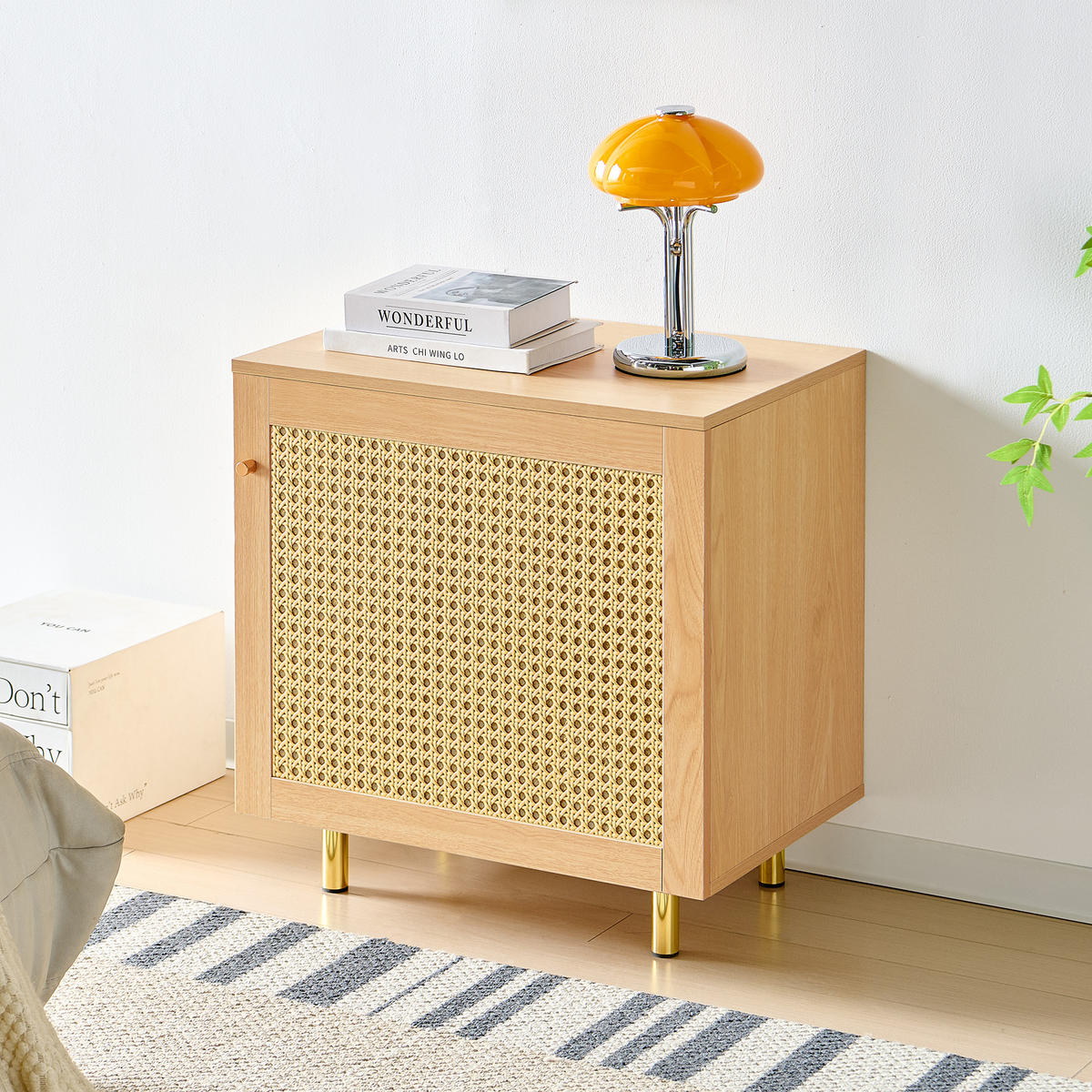 SIDEBOARD/NACHTTISCH, MDF in Naturholzoptik mit Rattan-Tür & Metallbeinen, 60/40/63 cm, Natur - Naturfarben, Holzwerkstoff (40/63/60cm) - Redom