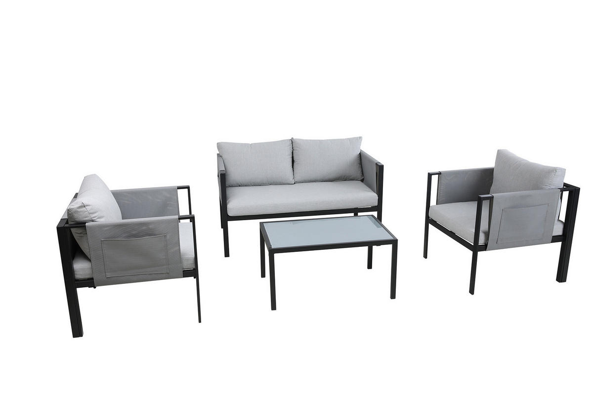 SITZGRUPPE Yolo 2-Sitzer + 2 Sessel, 1 Couchtisch, Sitz- + Rückenkissen - Schwarz, Metall - TPFGarden